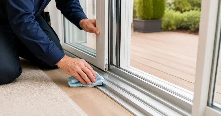 technician inspecting a sliding patio door track in Midland