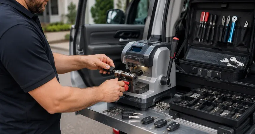 technician cutting a replacement car door lock key in Midland