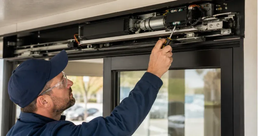 technician completing automatic door repair on residential property in Tiffin Place, Midland