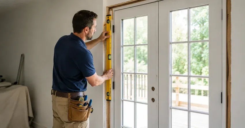 newly installed French doors with divided glass panes in Midland