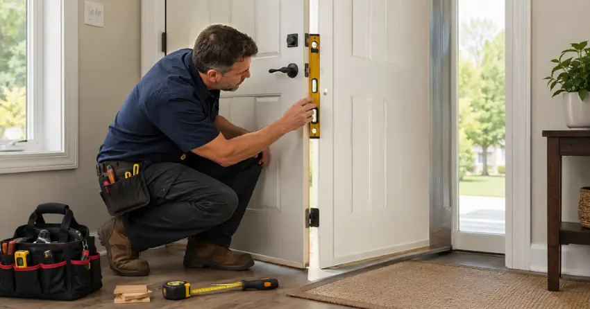 technician diagnosing a misaligned door frame in Midland