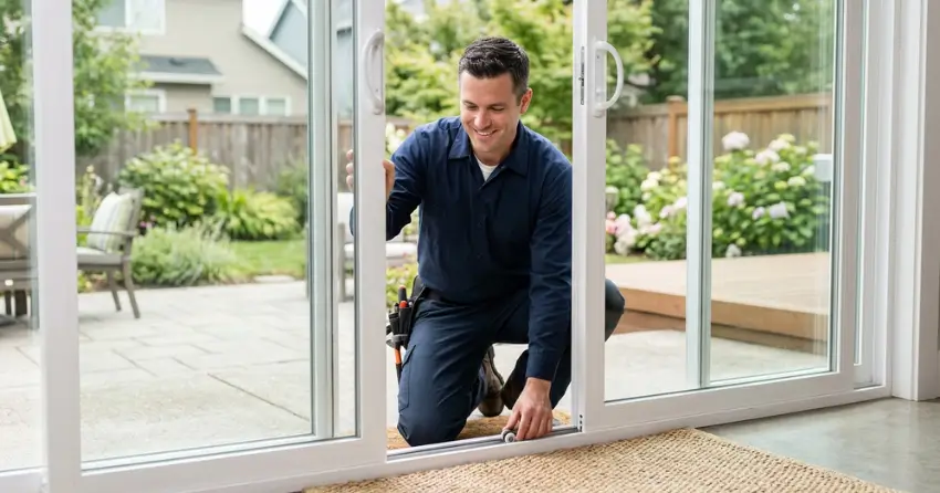 technician diagnosing a sticking patio door in Leeshore Estates, Midland