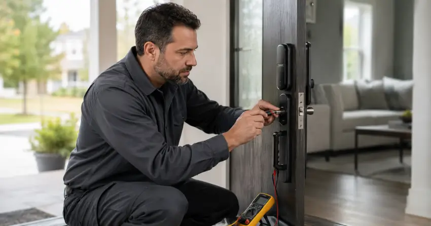technician diagnosing automatic door lock mechanism on residential door in Tiffin Place, Midland