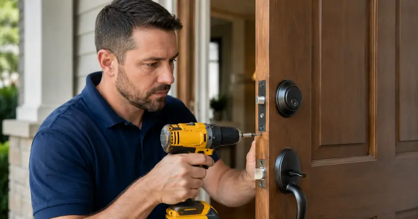 technician installing a new deadbolt during Change Door Lock Midland service
