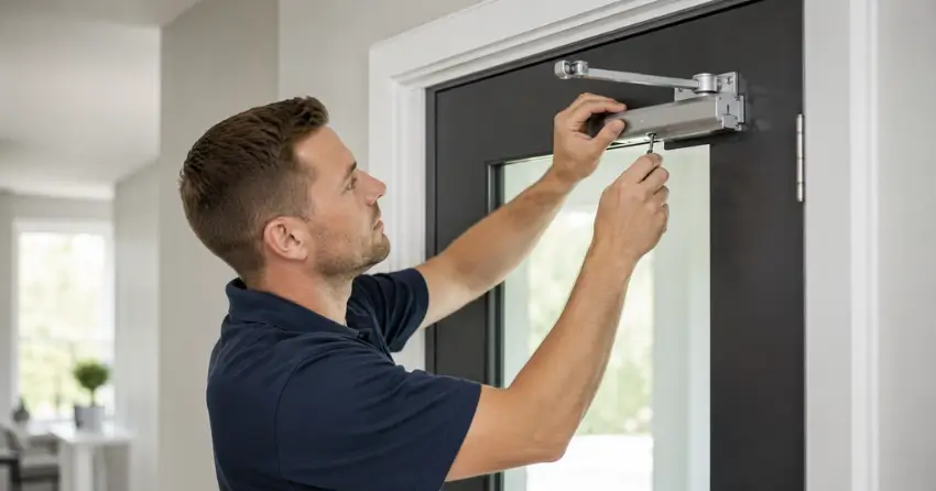 technician adjusting door closer hydraulic valve in Midland home
