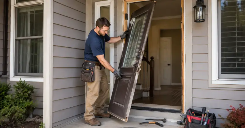old exterior door being removed for replacement in Midland