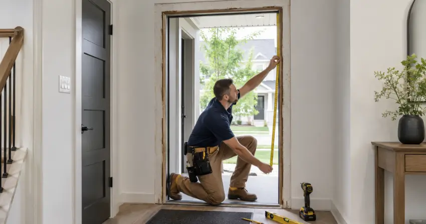 technician measuring a door frame before new door installation in Midland