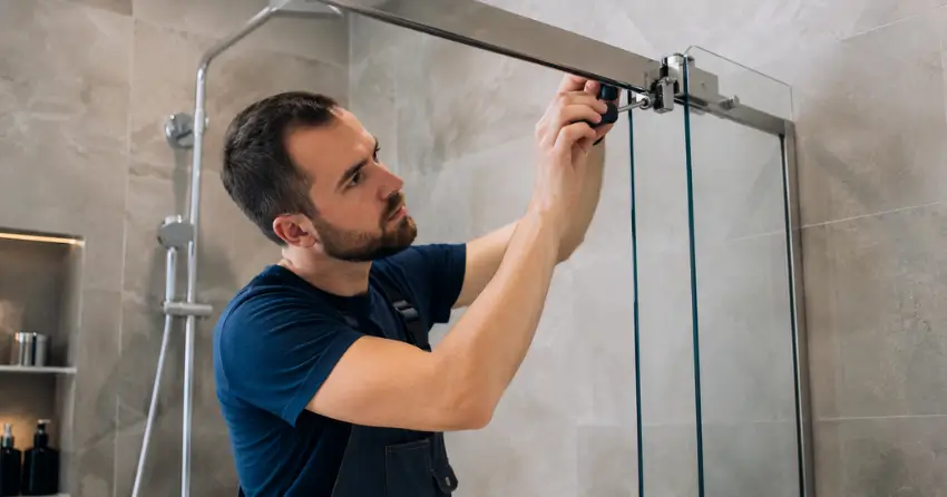 technician adjusting shower door hinge and track in Leeshore Estates, Midland