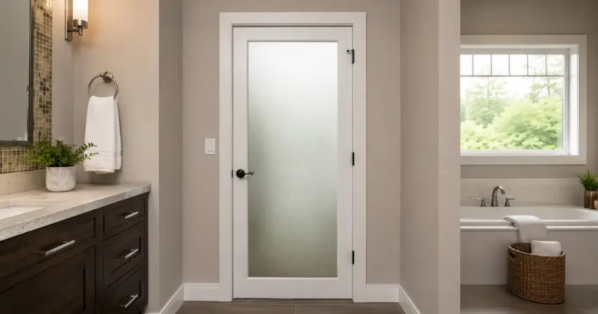 frosted glass panel bathroom door installed in a Midland home