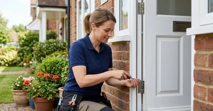 technician repairing exterior door hinge and frame in Leeshore Estates, Midland