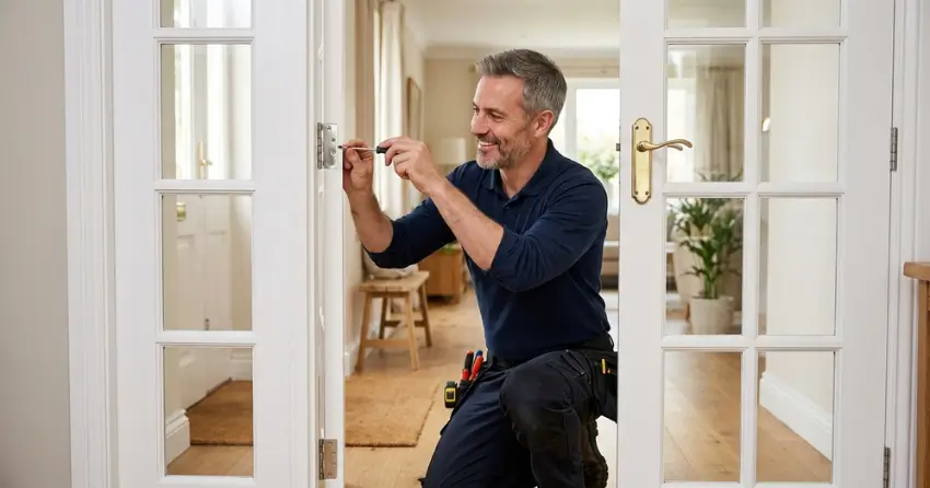 technician adjusting French door hinge for proper alignment in Leeshore Estates, Midland