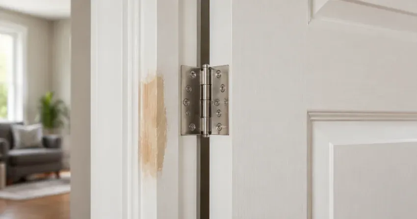 technician checking a warped door against a straightedge in Bay Port Village, Midland