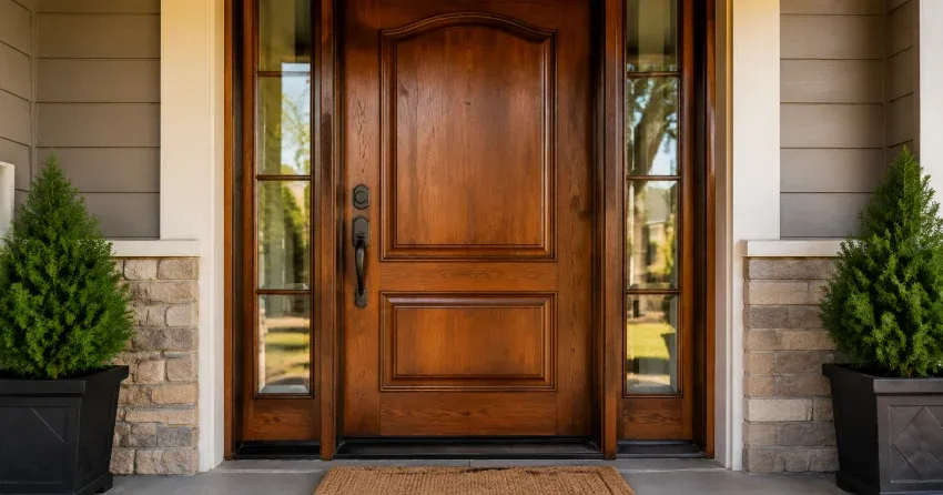 wood door mid-restoration showing stripped bare wood in Midland