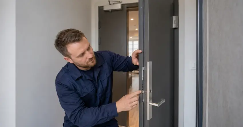 technician inspecting fire-rated door seal and hardware in Leeshore Estates, Midland