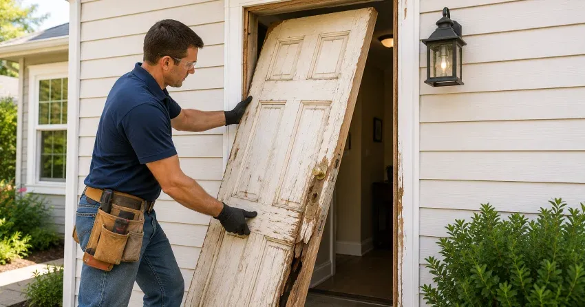 warped exterior door frame showing weather damage in Midland