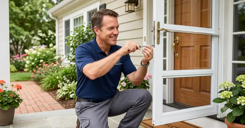 technician adjusting storm door hinge and closer in Midland Point, Midland
